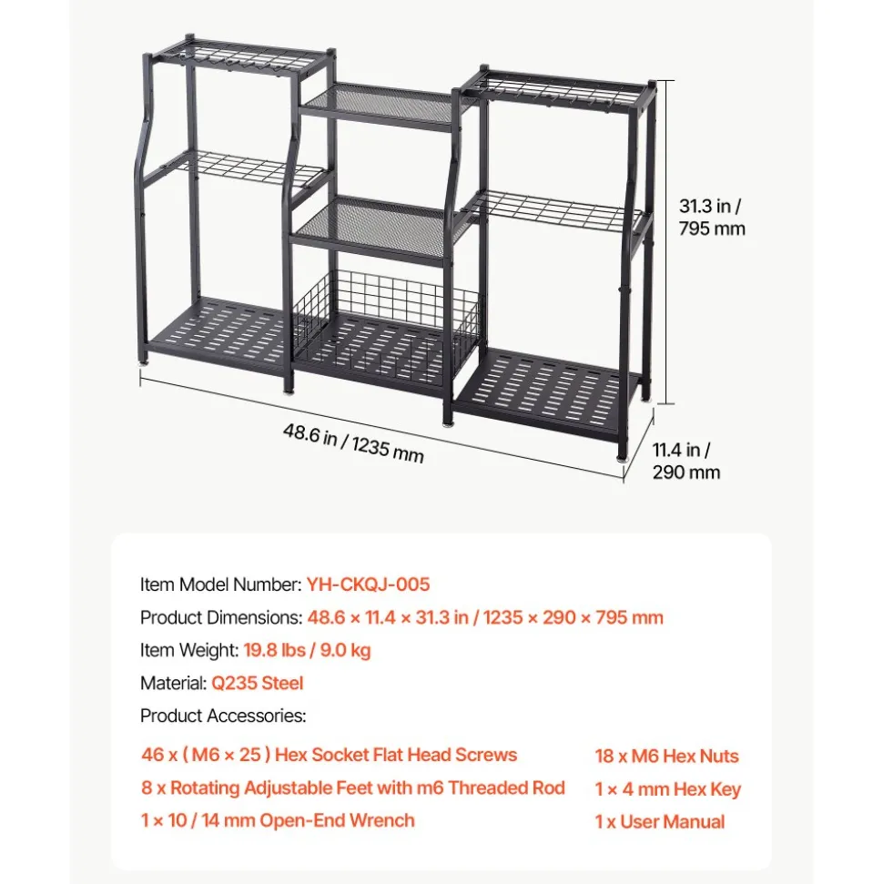 VEVOR Garden Tool Organizer, 3-Tier High-Capacity Metal Garage Storage Rack, for Rakes/Shovels/Brooms, Yard Utility Tool Holder for Shed/Outdoor/Lawn Organization, Heavy-Duty Steel, with Hooks, Black