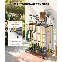 VEVOR Garden Tool Organizer with Wheels, Large Metal Garage Storage Rack, for Rakes/Shovels/Brooms/Long Farming Tools, Yard Utility Holder for Shed/Outdoor/Lawn Organization, Heavy-Duty Steel, Black
