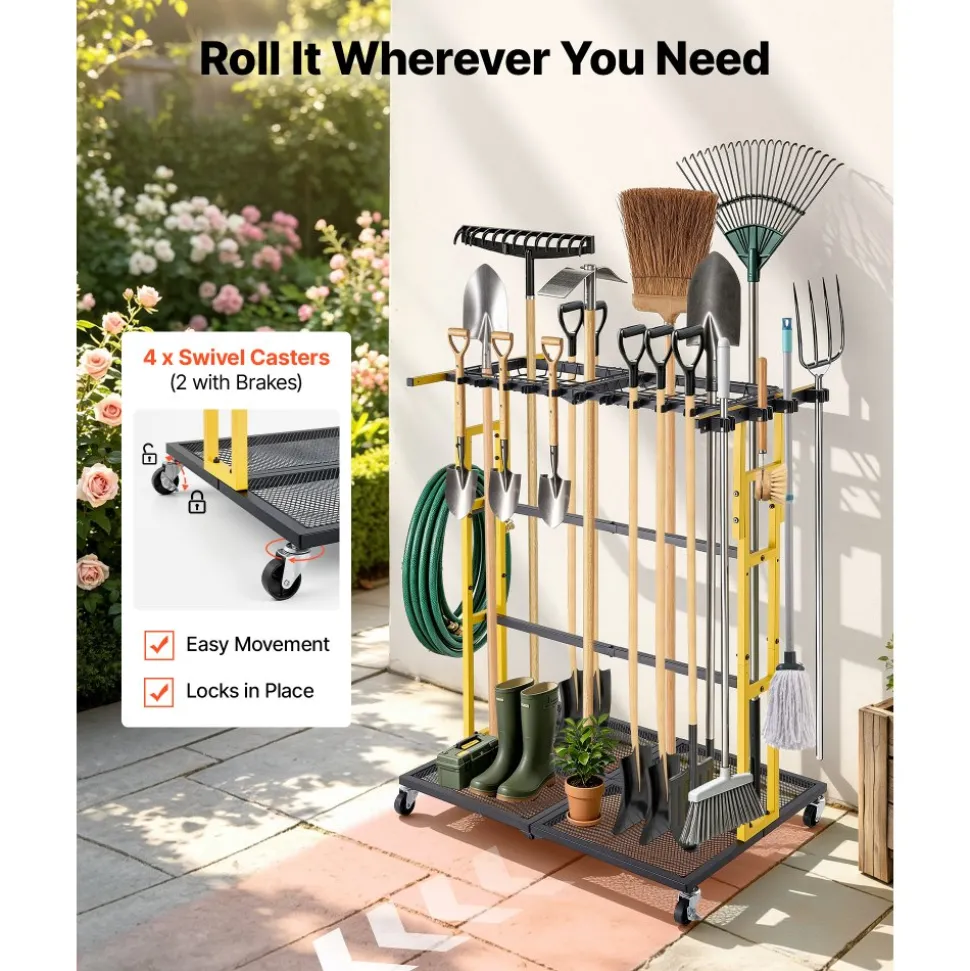 VEVOR Garden Tool Organizer with Wheels, Large Metal Garage Storage Rack, for Rakes/Shovels/Brooms/Long Farming Tools, Yard Utility Holder for Shed/Outdoor/Lawn Organization, Heavy-Duty Steel, Black