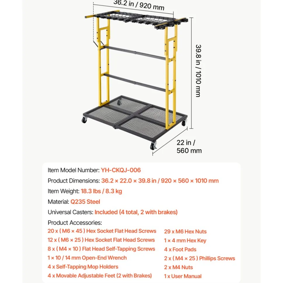 VEVOR Garden Tool Organizer with Wheels, Large Metal Garage Storage Rack, for Rakes/Shovels/Brooms/Long Farming Tools, Yard Utility Holder for Shed/Outdoor/Lawn Organization, Heavy-Duty Steel, Black