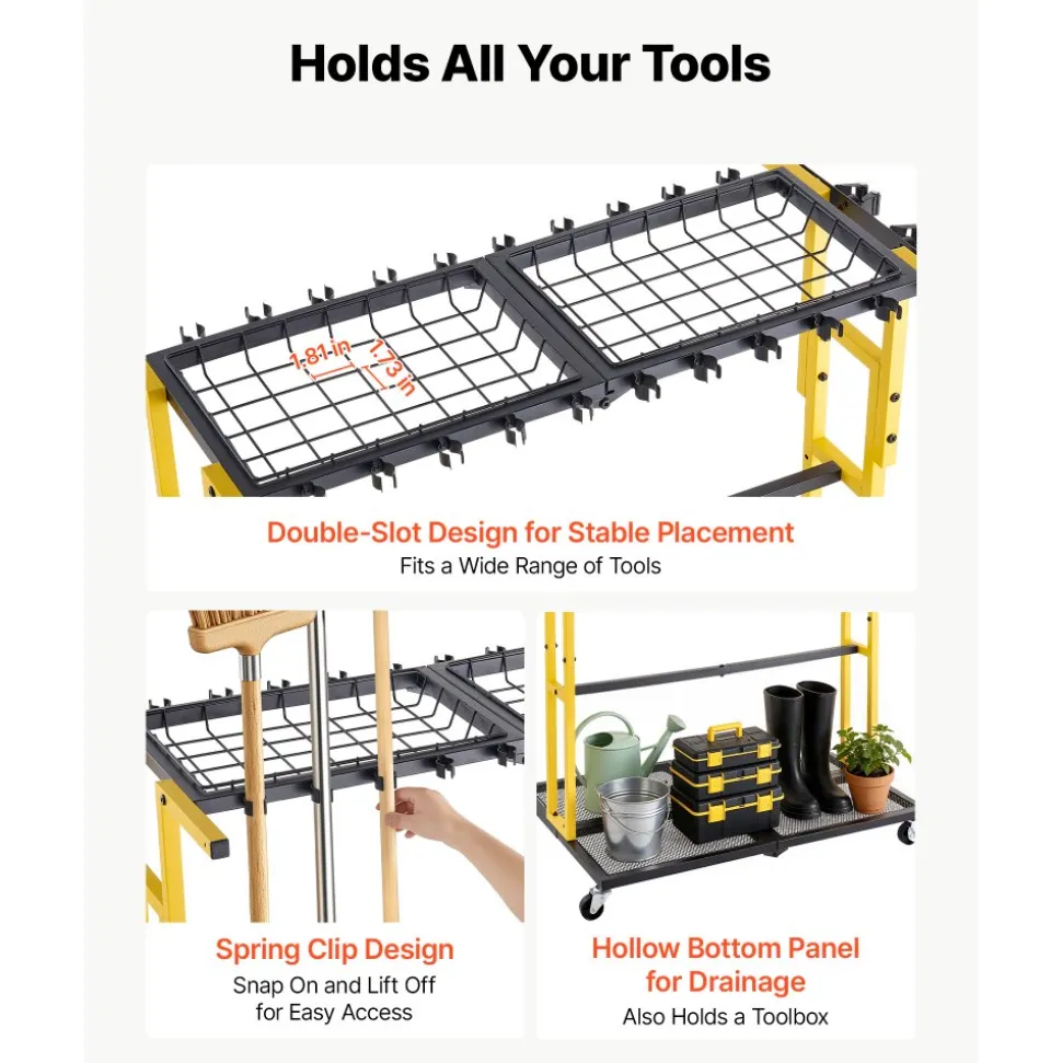 VEVOR Garden Tool Organizer with Wheels, Large Metal Garage Storage Rack, for Rakes/Shovels/Brooms/Long Farming Tools, Yard Utility Holder for Shed/Outdoor/Lawn Organization, Heavy-Duty Steel, Black