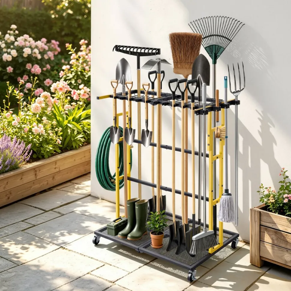 VEVOR Garden Tool Organizer with Wheels, Large Metal Garage Storage Rack, for Rakes/Shovels/Brooms/Long Farming Tools, Yard Utility Holder for Shed/Outdoor/Lawn Organization, Heavy-Duty Steel, Black