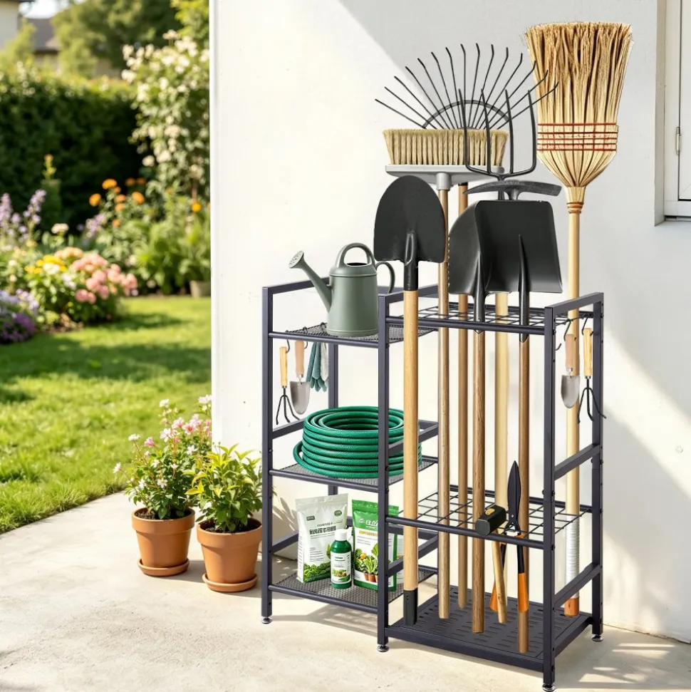 VEVOR Garden Tool Organizer with Guard Rail, 3-Tier Metal Storage Rack, for Rakes/Shovels/Brooms, Yard Utility Holder for Garage/Shed/Outdoor/Lawn Organization, Heavy-Duty Steel, with Hooks, Black