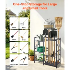 VEVOR Garden Tool Organizer with Guard Rail, 3-Tier Metal Storage Rack, for Rakes/Shovels/Brooms, Yard Utility Holder for Garage/Shed/Outdoor/Lawn Organization, Heavy-Duty Steel, with Hooks, Black
