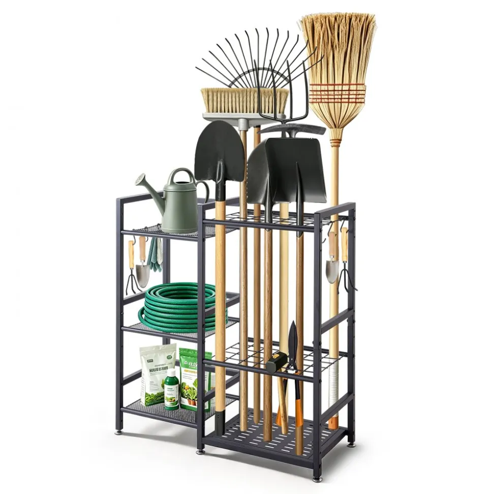 VEVOR Garden Tool Organizer with Guard Rail, 3-Tier Metal Storage Rack, for Rakes/Shovels/Brooms, Yard Utility Holder for Garage/Shed/Outdoor/Lawn Organization, Heavy-Duty Steel, with Hooks, Black