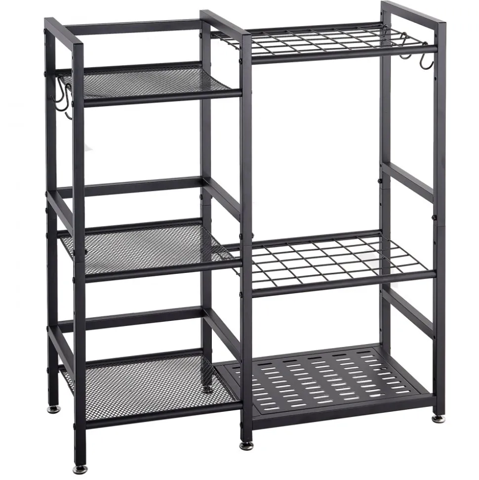 VEVOR Garden Tool Organizer with Guard Rail, 3-Tier Metal Storage Rack, for Rakes/Shovels/Brooms, Yard Utility Holder for Garage/Shed/Outdoor/Lawn Organization, Heavy-Duty Steel, with Hooks, Black
