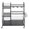 VEVOR Garden Tool Organizer with Wheels, Large Metal Garage Storage Rack, for Rakes/Shovels/Brooms, Yard Utility Tool Holder for Shed/Outdoor/Lawn Organization, Heavy-Duty Steel, with Hooks, Black
