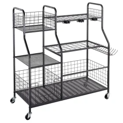 VEVOR Garden Tool Organizer with Wheels, Large Metal Garage Storage Rack, for Rakes/Shovels/Brooms, Yard Utility Tool Holder for Shed/Outdoor/Lawn Organization, Heavy-Duty Steel, with Hooks, Black
