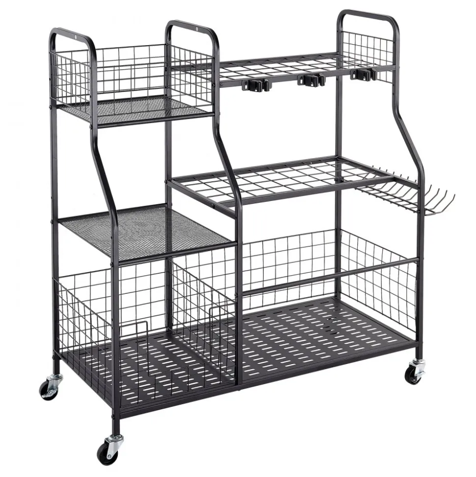 VEVOR Garden Tool Organizer with Wheels, Large Metal Garage Storage Rack, for Rakes/Shovels/Brooms, Yard Utility Tool Holder for Shed/Outdoor/Lawn Organization, Heavy-Duty Steel, with Hooks, Black