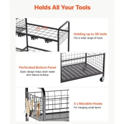 VEVOR Garden Tool Organizer with Wheels, Large Metal Garage Storage Rack, for Rakes/Shovels/Brooms, Yard Utility Tool Holder for Shed/Outdoor/Lawn Organization, Heavy-Duty Steel, with Hooks, Black