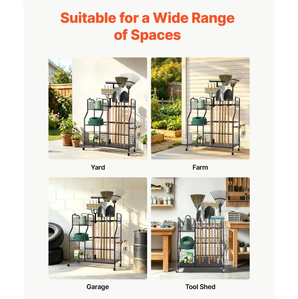 VEVOR Garden Tool Organizer with Wheels, Large Metal Garage Storage Rack, for Rakes/Shovels/Brooms, Yard Utility Tool Holder for Shed/Outdoor/Lawn Organization, Heavy-Duty Steel, with Hooks, Black