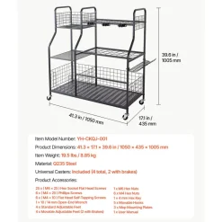 VEVOR Garden Tool Organizer with Wheels, Large Metal Garage Storage Rack, for Rakes/Shovels/Brooms, Yard Utility Tool Holder for Shed/Outdoor/Lawn Organization, Heavy-Duty Steel, with Hooks, Black