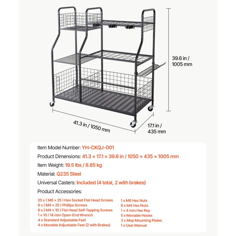 VEVOR Garden Tool Organizer with Wheels, Large Metal Garage Storage Rack, for Rakes/Shovels/Brooms, Yard Utility Tool Holder for Shed/Outdoor/Lawn Organization, Heavy-Duty Steel, with Hooks, Black