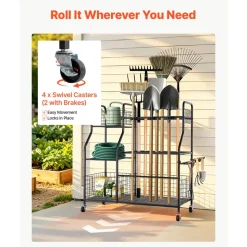 VEVOR Garden Tool Organizer with Wheels, Large Metal Garage Storage Rack, for Rakes/Shovels/Brooms, Yard Utility Tool Holder for Shed/Outdoor/Lawn Organization, Heavy-Duty Steel, with Hooks, Black