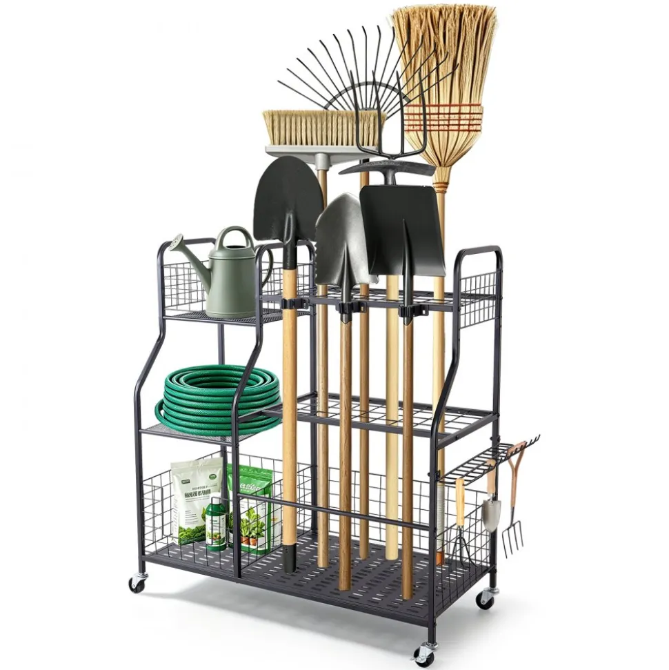 VEVOR Garden Tool Organizer with Wheels, Large Metal Garage Storage Rack, for Rakes/Shovels/Brooms, Yard Utility Tool Holder for Shed/Outdoor/Lawn Organization, Heavy-Duty Steel, with Hooks, Black