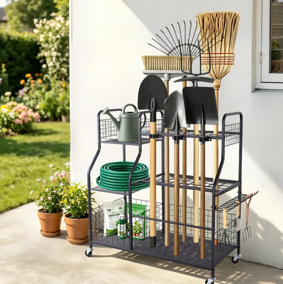 VEVOR Garden Tool Organizer with Wheels, Large Metal Garage Storage Rack, for Rakes/Shovels/Brooms, Yard Utility Tool Holder for Shed/Outdoor/Lawn Organization, Heavy-Duty Steel, with Hooks, Black