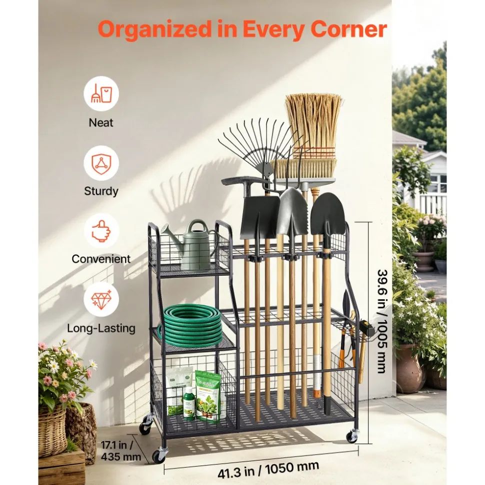 VEVOR Garden Tool Organizer with Wheels, Large Metal Garage Storage Rack, for Rakes/Shovels/Brooms, Yard Utility Tool Holder for Shed/Outdoor/Lawn Organization, Heavy-Duty Steel, with Hooks, Black