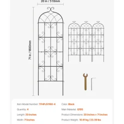VEVOR Garden Trellis for Climbing Plants, 71 x 20 in, 4 Packs Rustproof Metal Garden Flower Trellis, Outdoor Climbing Rose Trellis Cucumbers Support, Decorative Clematis Trellis for Courtyards Lawns
