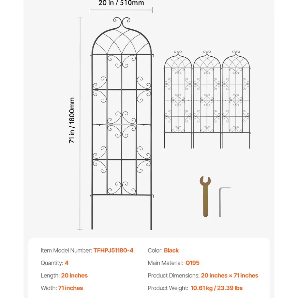 VEVOR Garden Trellis for Climbing Plants, 71 x 20 in, 4 Packs Rustproof Metal Garden Flower Trellis, Outdoor Climbing Rose Trellis Cucumbers Support, Decorative Clematis Trellis for Courtyards Lawns