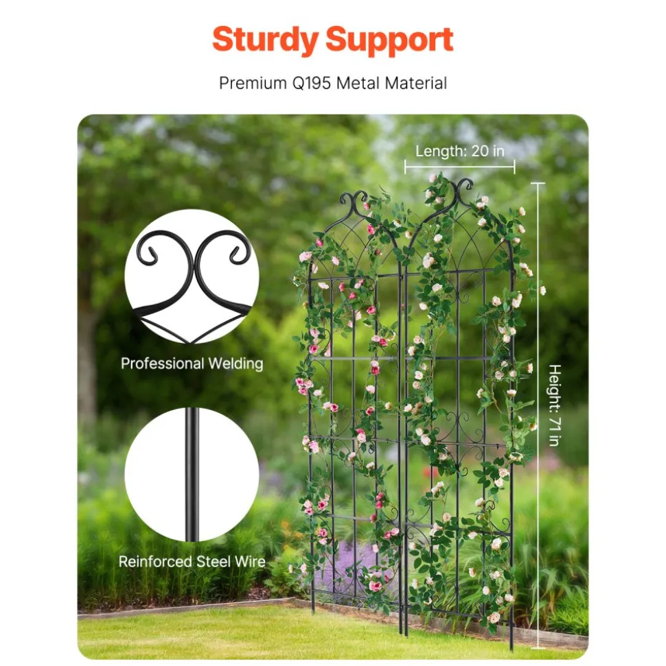 VEVOR Garden Trellis for Climbing Plants, 71 x 20 in, 2 Packs Rustproof Metal Garden Flower Trellis, Outdoor Climbing Rose Trellis Cucumbers Support, Decorative Clematis Trellis for Courtyards Lawns