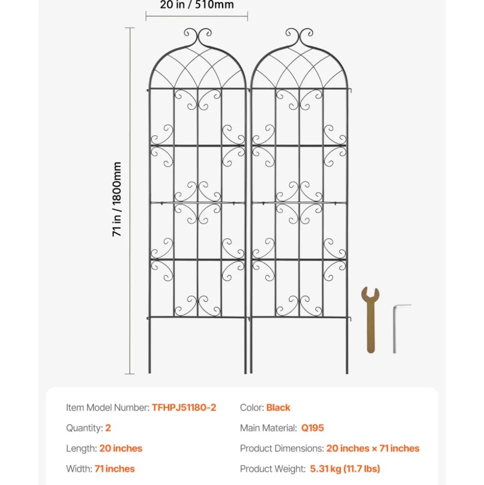 VEVOR Garden Trellis for Climbing Plants, 71 x 20 in, 2 Packs Rustproof Metal Garden Flower Trellis, Outdoor Climbing Rose Trellis Cucumbers Support, Decorative Clematis Trellis for Courtyards Lawns