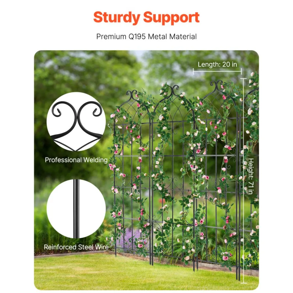 VEVOR Garden Trellis for Climbing Plants, 71 x 20 in, 6 Packs Rustproof Metal Garden Flower Trellis, Outdoor Climbing Rose Trellis Cucumbers Support, Decorative Clematis Trellis for Courtyards Lawns