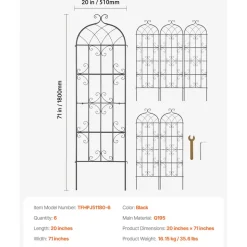 VEVOR Garden Trellis for Climbing Plants, 71 x 20 in, 6 Packs Rustproof Metal Garden Flower Trellis, Outdoor Climbing Rose Trellis Cucumbers Support, Decorative Clematis Trellis for Courtyards Lawns