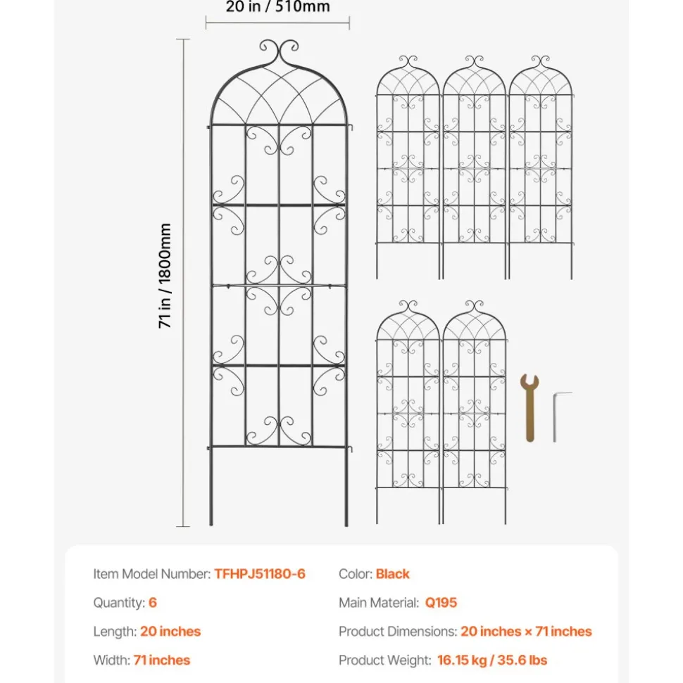 VEVOR Garden Trellis for Climbing Plants, 71 x 20 in, 6 Packs Rustproof Metal Garden Flower Trellis, Outdoor Climbing Rose Trellis Cucumbers Support, Decorative Clematis Trellis for Courtyards Lawns