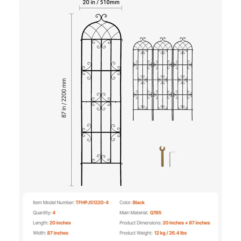 VEVOR Garden Trellis for Climbing Plants, 87 x 20 in, 4 Packs Rustproof Metal Garden Flower Trellis, Outdoor Climbing Rose Trellis Cucumbers Support, Decorative Clematis Trellis for Courtyards Lawns