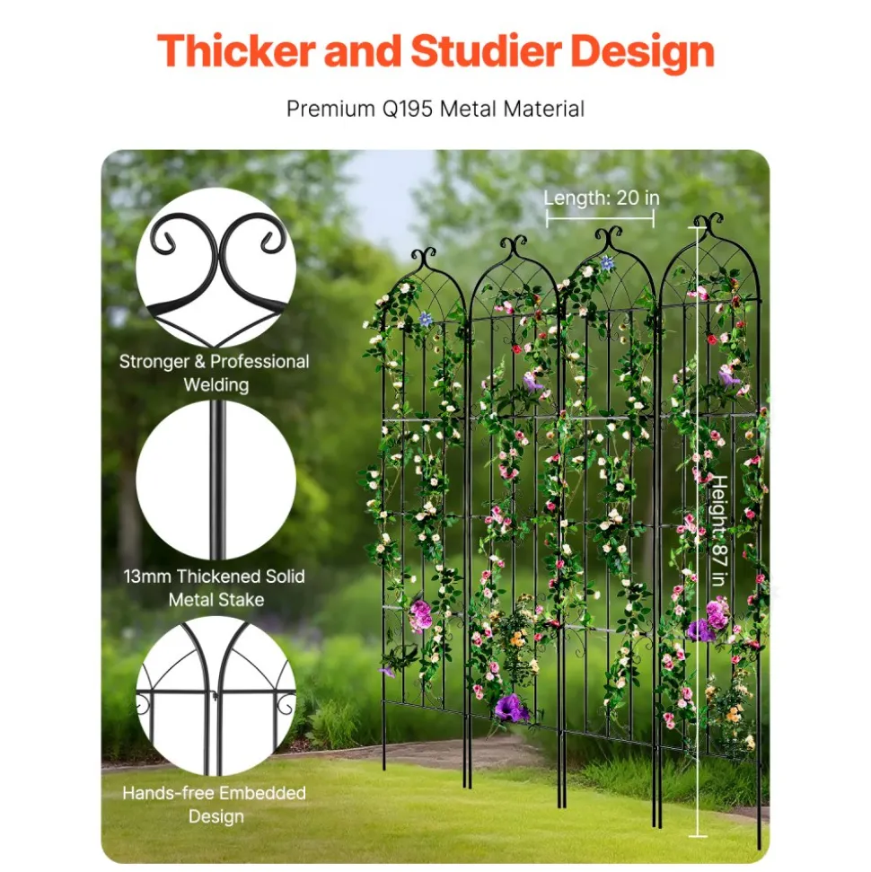 VEVOR Garden Trellis for Climbing Plants, 87 x 20 in, 4 Packs Rustproof Metal Garden Flower Trellis, Outdoor Climbing Rose Trellis Cucumbers Support, Decorative Clematis Trellis for Courtyards Lawns