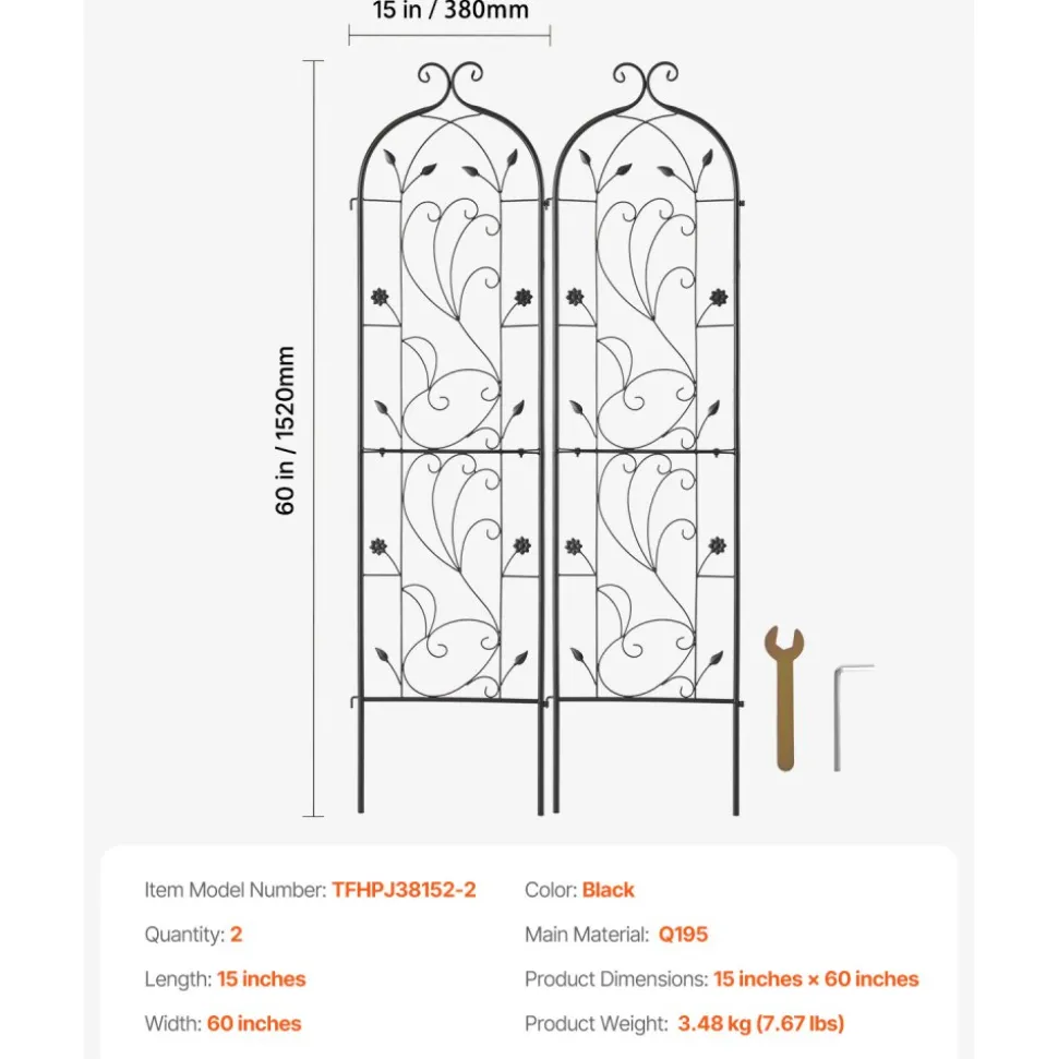 VEVOR Garden Trellis for Climbing Plants, 60 x 15 in, 2 Packs Rustproof Metal Garden Flower Trellis, Outdoor Climbing Rose Trellis Cucumbers Support, Decorative Clematis Trellis for Courtyards Lawns