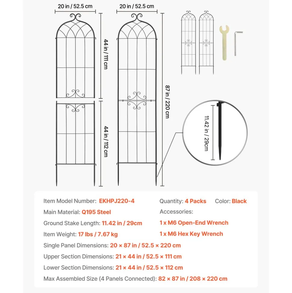 VEVOR Garden Trellis, 87 x 20 inch Rose Trellis, 4 Packs Garden Flower Rose Trellises with Powder-Coated Finish & Convenient Locking Design, Plant Support Trellises for Flowers, Vegetables, Roses