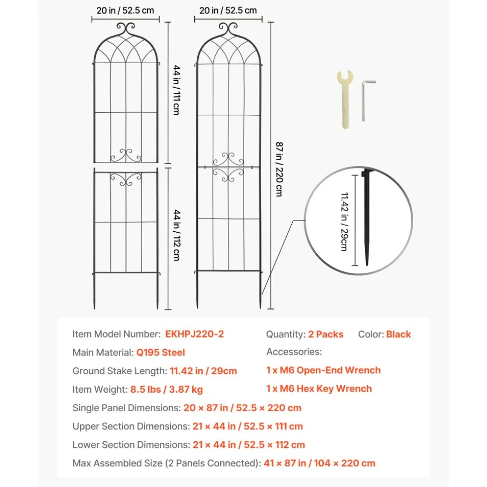 VEVOR Garden Trellis, 87 x 20 inch Rose Trellis, 2 Packs Garden Flower Rose Trellises with Powder-Coated Finish & Convenient Locking Design, Plant Support Trellises for Flowers, Vegetables, Roses