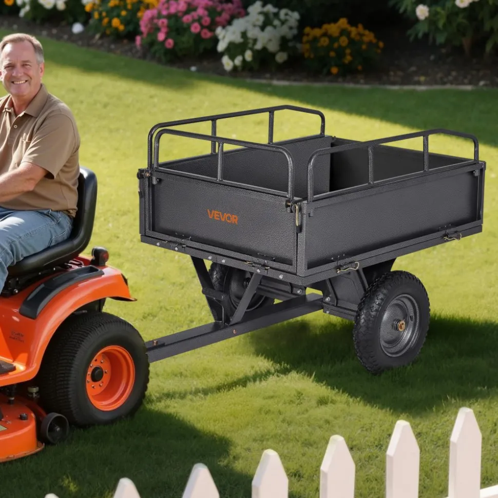 VEVOR Garden Utility Trailer, 10 Cu. Ft & 500lbs Capacity, ATV UTV Hauling Trailer, Tow Behind Steel Dump Cart with 14" Tires, Hand Pull or Foot Pedal, Heavy Duty Yard Trailers for Lawn Mower Tractor