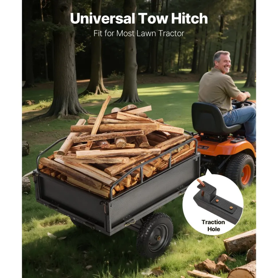 VEVOR Garden Utility Trailer, 10 Cu. Ft & 500lbs Capacity, ATV UTV Hauling Trailer, Tow Behind Steel Dump Cart with 14" Tires, Hand Pull or Foot Pedal, Heavy Duty Yard Trailers for Lawn Mower Tractor