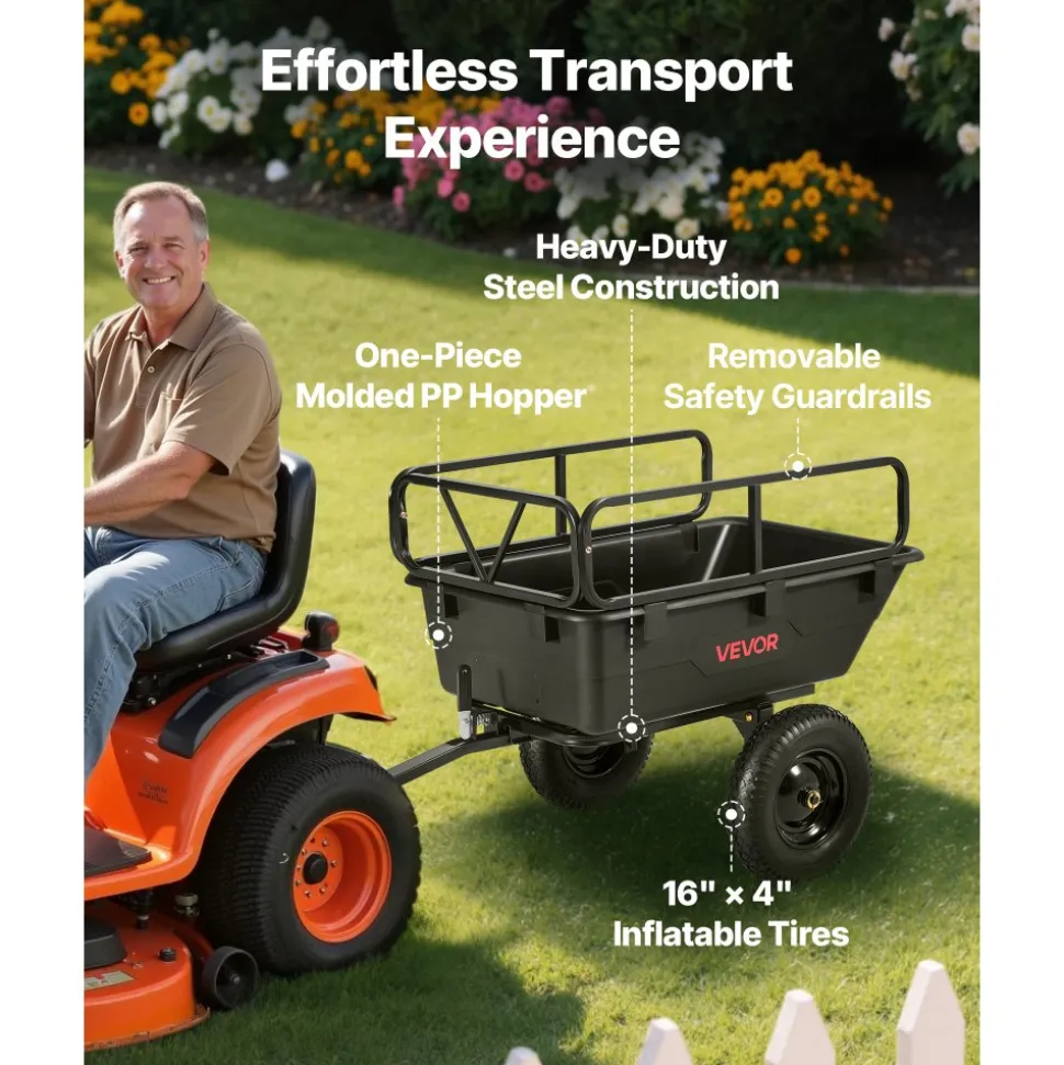 VEVOR Garden Utility Trailer, 10 Cu. Ft 500lbs, ATV UTV Hauling Trailer, Tow Behind Poly Dump Cart with 16" Tires, Hand Pull or Foot Pedal, Heavy Duty Yard Trailers for Lawn Mower Tractor Garden Waste