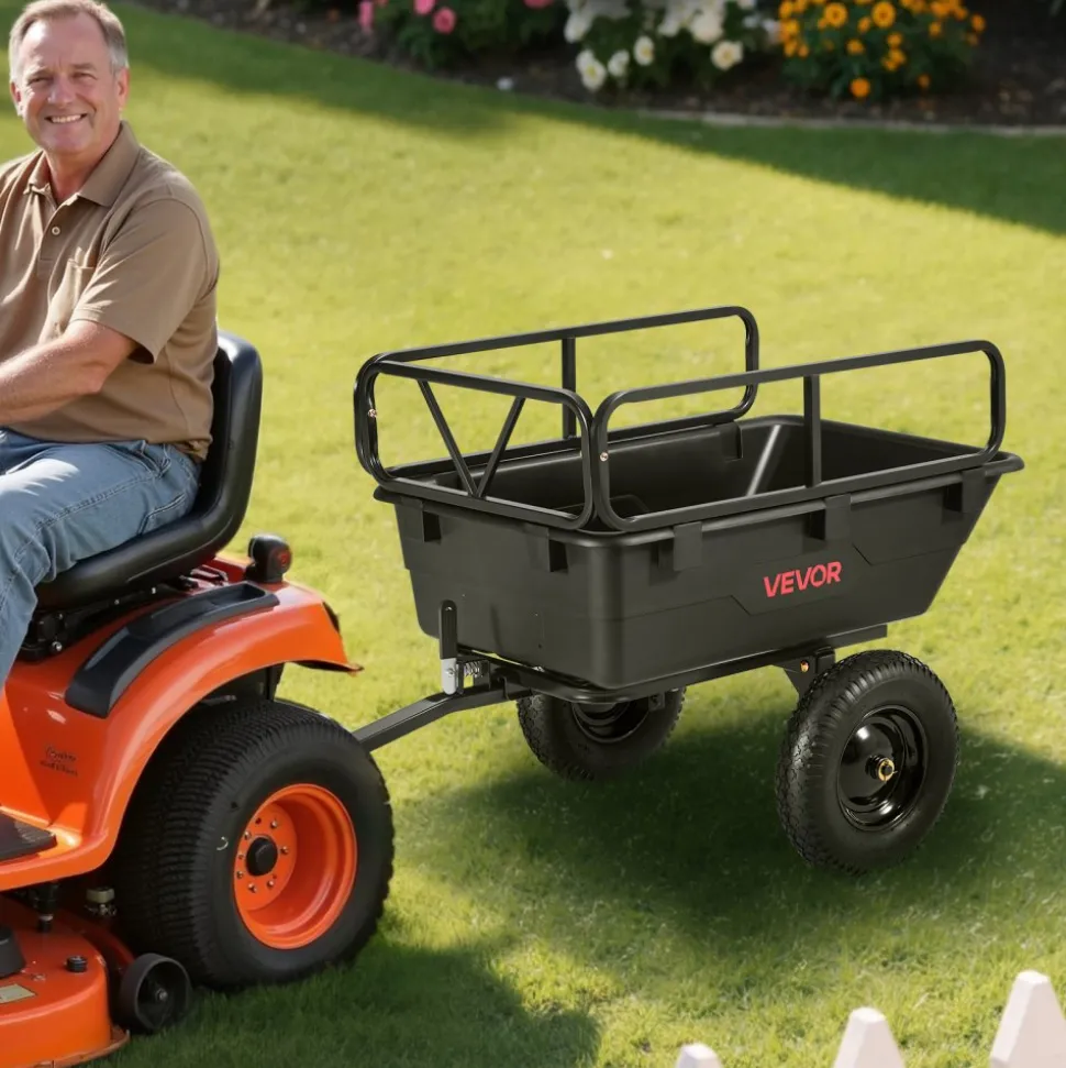 VEVOR Garden Utility Trailer, 10 Cu. Ft 500lbs, ATV UTV Hauling Trailer, Tow Behind Poly Dump Cart with 16" Tires, Hand Pull or Foot Pedal, Heavy Duty Yard Trailers for Lawn Mower Tractor Garden Waste