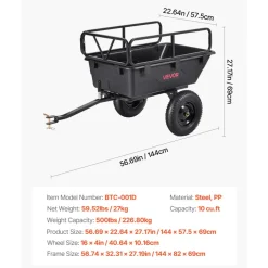 VEVOR Garden Utility Trailer, 10 Cu. Ft 500lbs, ATV UTV Hauling Trailer, Tow Behind Poly Dump Cart with 16
