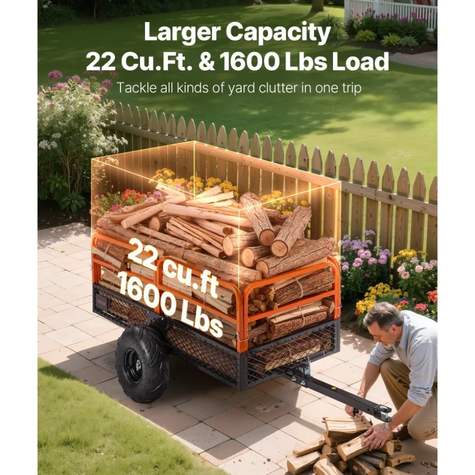 VEVOR Garden Utility Trailer, 22 Cu. Ft. & 1600lbs, ATV UTV Trailer, Tow Behind Steel Dump Trailers, Removable Rear Panel, Heavy Duty Pull Behind Yard Trailers for Lawn Mower Tractor Garden Waste