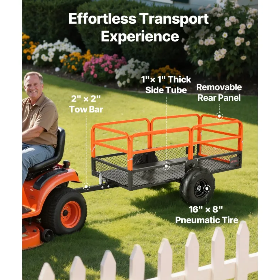 VEVOR Garden Utility Trailer, 22 Cu. Ft. & 1600lbs, ATV UTV Trailer, Tow Behind Steel Dump Trailers, Removable Rear Panel, Heavy Duty Pull Behind Yard Trailers for Lawn Mower Tractor Garden Waste