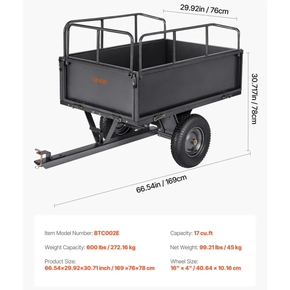 VEVOR Garden Utility Trailer, 17 Cu. Ft & 600lbs Capacity, ATV UTV Hauling Trailer, Tow Behind Steel Dump Cart with 16" Tires, Hand Pull or Foot Pedal, Heavy Duty Yard Trailers for Lawn Mower Tractor