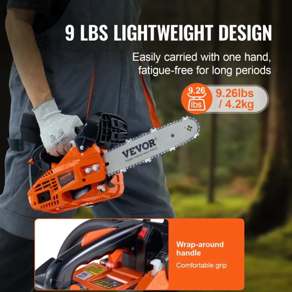 VEVOR Gas Chainsaw, 25.4CC 12" 1.2HP, Gasoline Powered Chain Saw, Handheld Cordless Petrol Chainsaws for Tree Wood Branch Cutting, Tree Trimming, Land Clearing, Farm Garden Ranch Forest Cutting Use
