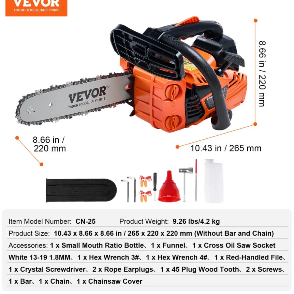 VEVOR Gas Chainsaw, 25.4CC 12" 1.2HP, Gasoline Powered Chain Saw, Handheld Cordless Petrol Chainsaws for Tree Wood Branch Cutting, Tree Trimming, Land Clearing, Farm Garden Ranch Forest Cutting Use