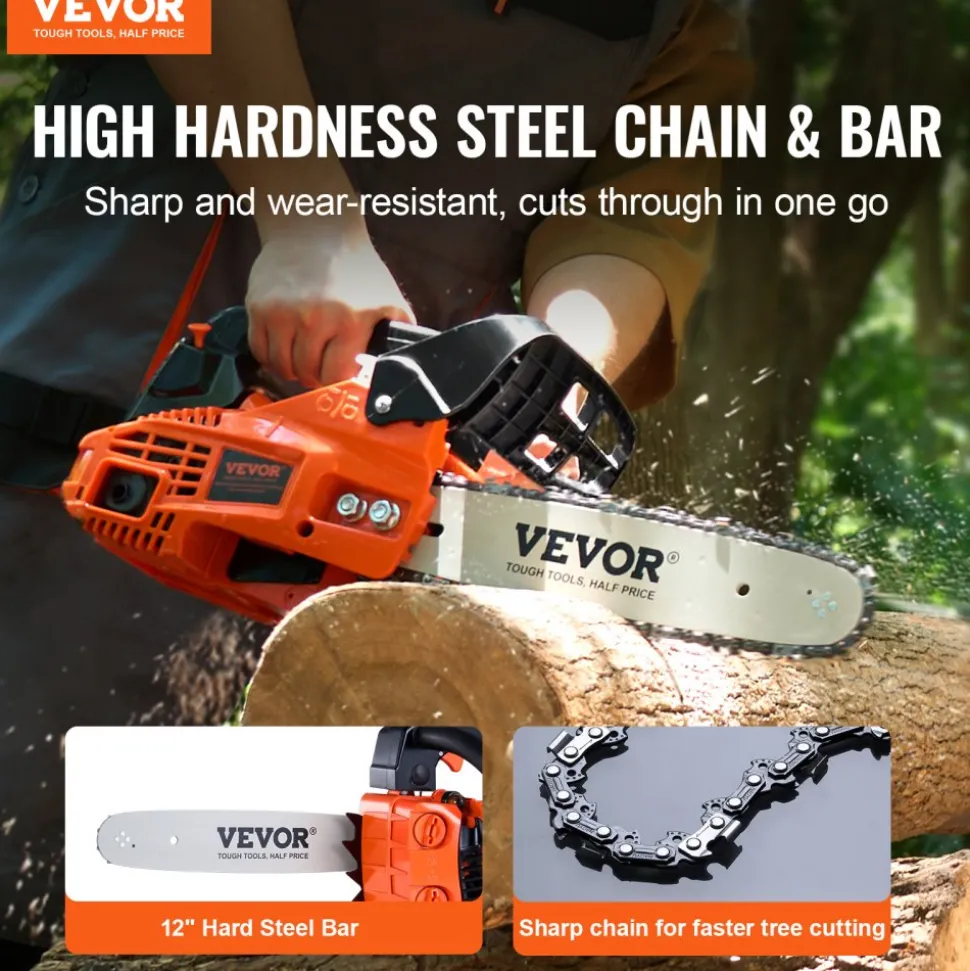 VEVOR Gas Chainsaw, 25.4CC 12" 1.2HP, Gasoline Powered Chain Saw, Handheld Cordless Petrol Chainsaws for Tree Wood Branch Cutting, Tree Trimming, Land Clearing, Farm Garden Ranch Forest Cutting Use