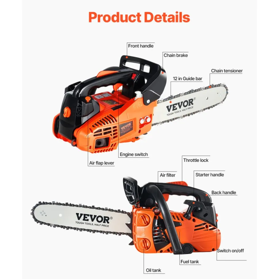 VEVOR Gas Chainsaw, 25.4CC 12" 1.2HP, Gasoline Powered Chain Saw, Handheld Cordless Petrol Chainsaws for Tree Wood Branch Cutting, Tree Trimming, Land Clearing, Farm Garden Ranch Forest Cutting Use