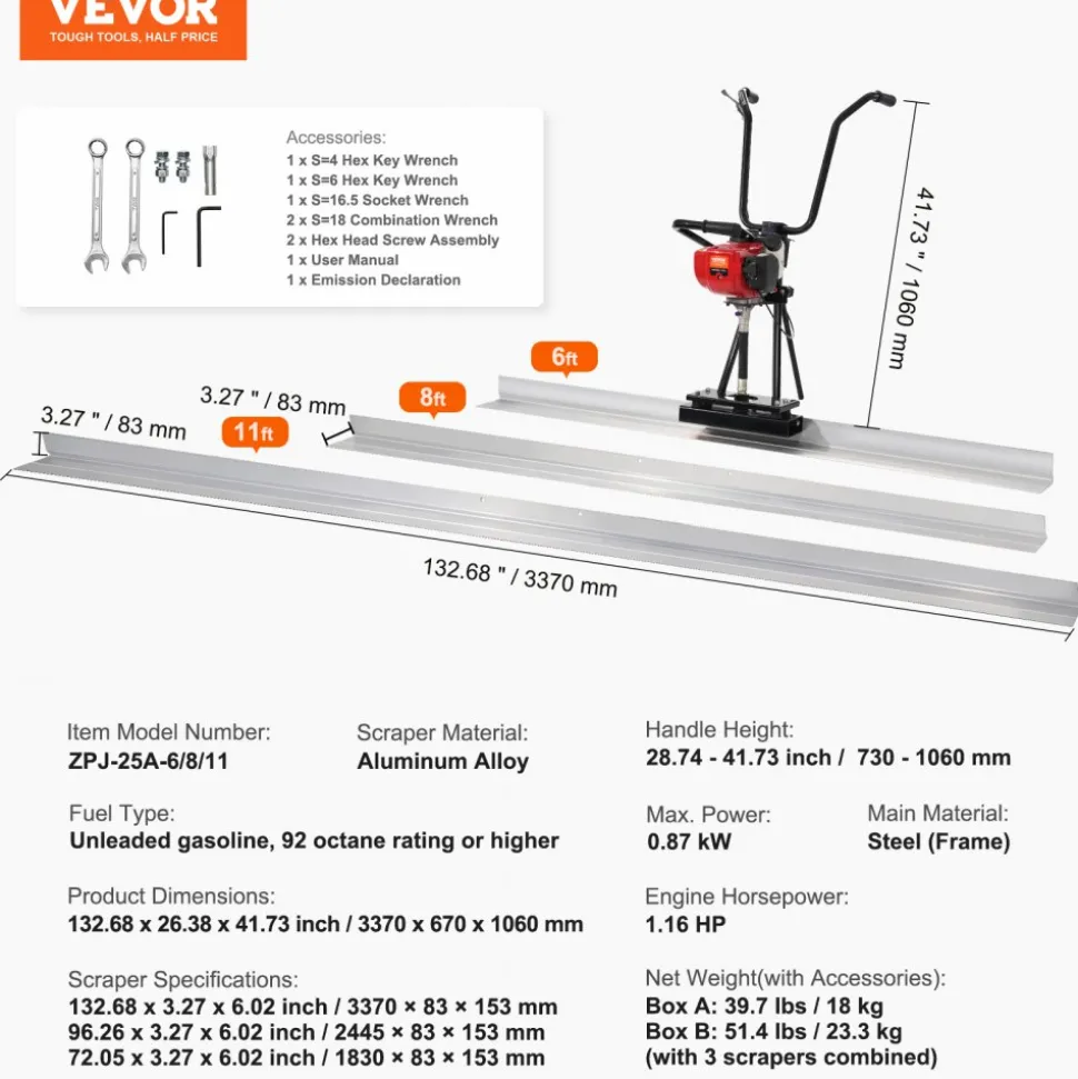 VEVOR Gas Concrete Power Screed, 6ft/8ft/11ft Aluminum Board Straight Edge Bar Set, 4 Stroke Cement Finishing Vibrating Motor w/ Height Adjustable Handles, High Efficient Concrete Tool 6500RPM