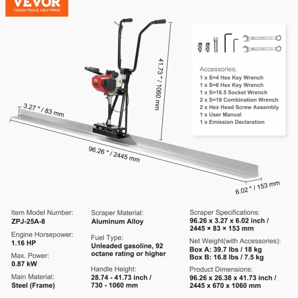 VEVOR Gas Concrete Power Screed, 8ft Aluminum Board Straight Edge Bar Set, 4 Stroke Cement Finishing Vibrating Motor with Height Adjustable Handles, High Efficient Concrete Tools 6500RPM