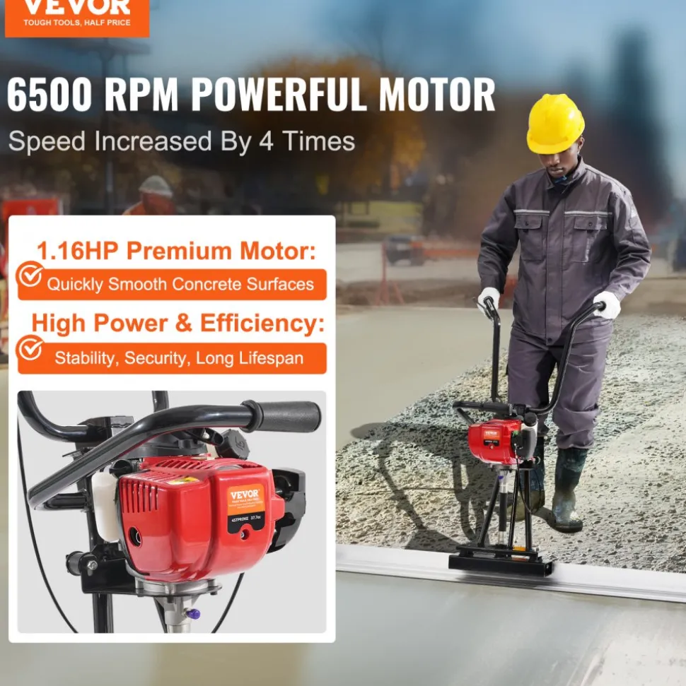 VEVOR Gas Concrete Power Screed, 8ft Aluminum Board Straight Edge Bar Set, 4 Stroke Cement Finishing Vibrating Motor with Height Adjustable Handles, High Efficient Concrete Tools 6500RPM