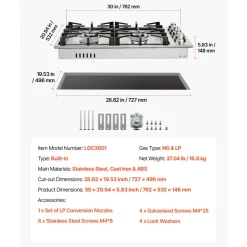 VEVOR Gas Cooktop, 30 inch 4 Burners Gas Stove Top, Max 48000BTU Built-in Stainless Steel Stove Top LPG/NG Convertible Dual Fuel Cooktop Stoves with Sealed Burner for Sear, Stew, Boil, Stir-Fry