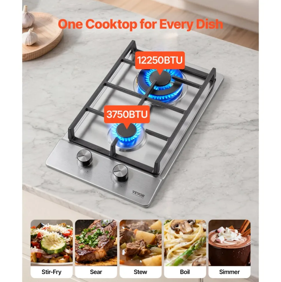VEVOR Gas Cooktop 12 inch, Max 12250BTU 2 Burners Built-in Stainless Steel Gas Stove Top, LPG/NG Convertible Dual Fuel Natural Gas Hob with Thermocouple Protection for Outdoor, Kitchen, Camping, RV